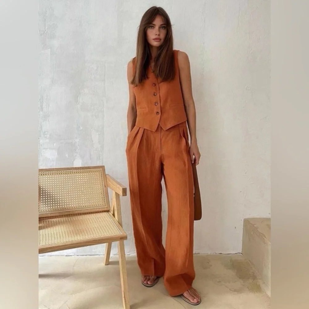 Commense Burnt Orange Linen Blend Vest and Wide Leg Pants Set XL Fall Outfit